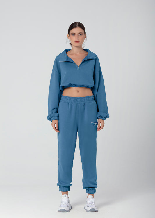 "VOILA" Crop Sweatshirt mit Stehkragen in blau