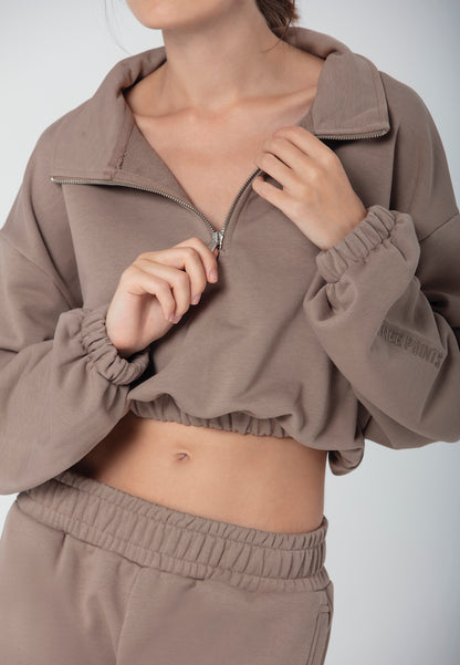 "VOILA" Crop Sweatshirt mit Stehkragen in braun